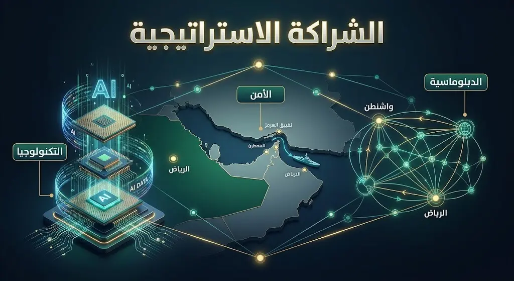 تصميم إنفوجرافيك ثلاثي الأبعاد يستعرض ركائز الشراكة الاستراتيجية بين السعودية والولايات المتحدة الأمريكية، مع التركيز على التعاون الأمني والتكنولوجي.
