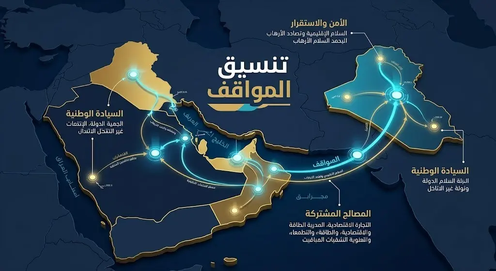 إنفوجرافيك يوضح محاور التنسيق المشترك بين مجلس التعاون الخليجي والعراق، مع التركيز على الأمن والاستقرار والسيادة الوطنية.