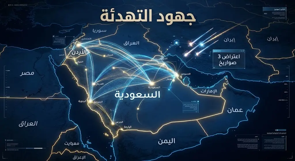خريطة إنفوجرافيك توضح التنسيق الدبلوماسي بين السعودية والأردن لاحتواء الأزمة الإقليمية واعتراض الصواريخ