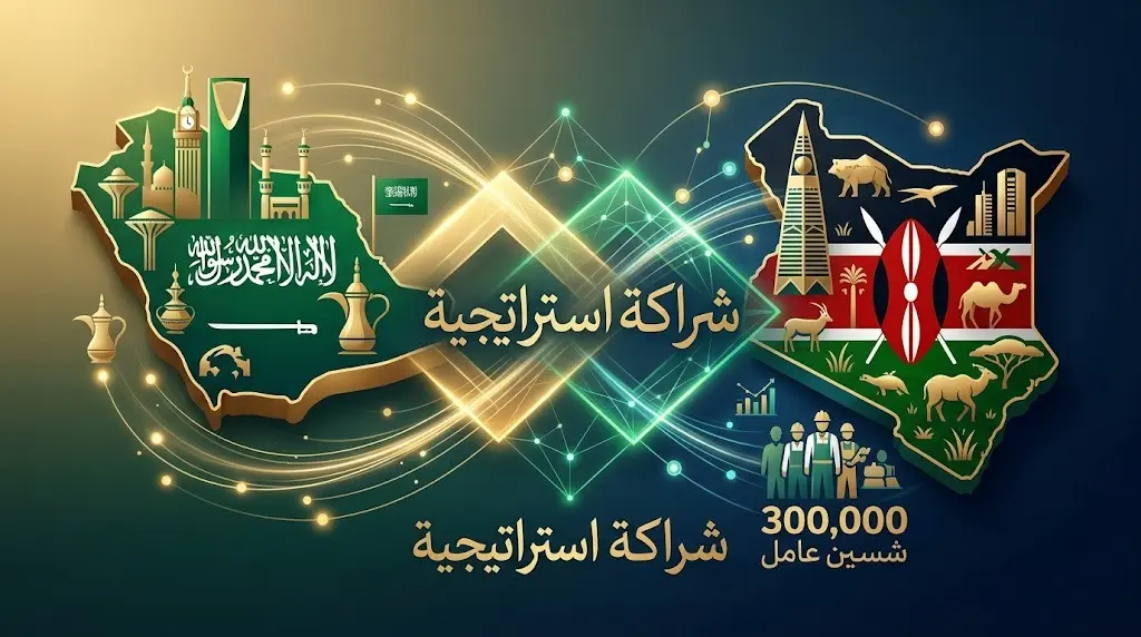 تصميم تعبيري يجسد الشراكة الاستراتيجية والتنسيق الدبلوماسي لحماية العمالة بين السعودية وكينيا.