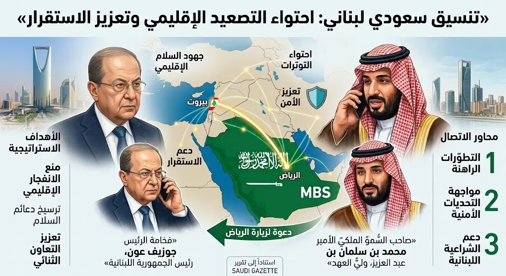 تنسيق سعودي لبناني لاحتواء التصعيد الإقليمي والأمير محمد بن سلمان يدعو الرئيس جوزيف عون لزيارة الرياض