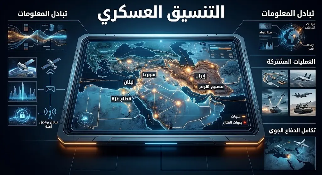 تصميم بياني يوضح خريطة التنسيق العسكري وتبادل المعلومات الاستخباراتية بين واشنطن وتل أبيب عبر مختلف الجبهات الميدانية