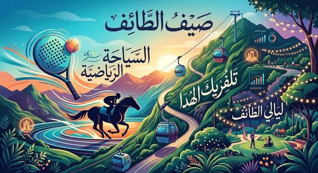 إنفوجرافيك إبداعي يدمج بين الأنشطة الرياضية كالبادل وسباقات الخيل والمعالم السياحية مثل تلفريك الهدا في الطائف.