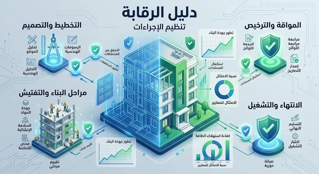 تصميم إنفوجرافيك يوضح تنظيم الإجراءات الرقابية للوحدات السكنية وأدوار لجان التفتيش للحفاظ على سلامة المباني.