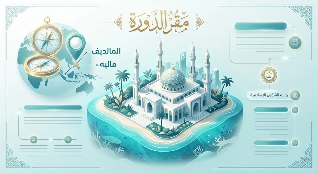 تصميم إبداعي يبرز إقامة الدورة العلمية الشرعية في المركز الإسلامي بالعاصمة المالديفية ماليه، بتنظيم وإشراف من وزارة الشؤون الإسلامية السعودية.