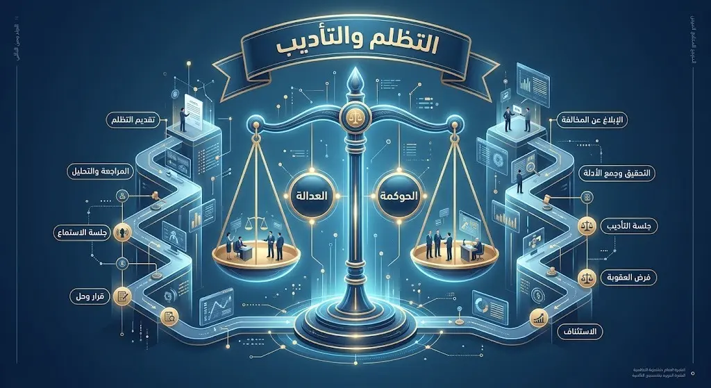 تصميم إنفوجرافيك احترافي يدمج بين ميزان العدالة وهيكل تنظيمي مضيء يعبر عن إجراءات التظلم والتأديب في هيئة الرقابة ومكافحة الفساد.