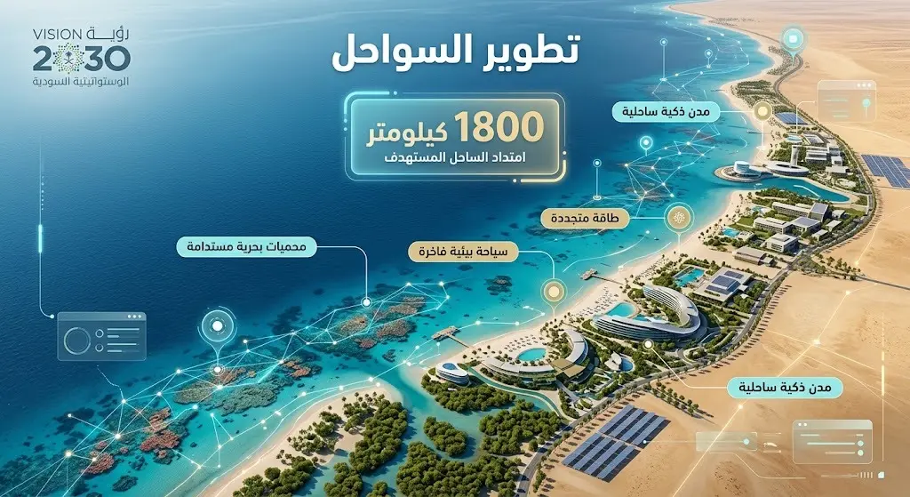تصميم بصري يعرض امتداد ساحل البحر الأحمر في السعودية لمسافة تتجاوز 1800 كيلومتر وتكامله مع أهداف رؤية السعودية 2030 السياحية.