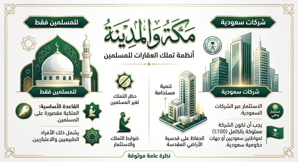 تصميم معلوماتي يبرز ضوابط التملك العقاري الخاصة بمكة المكرمة والمدينة المنورة وارتباطها بالاستثمار الإسلامي.