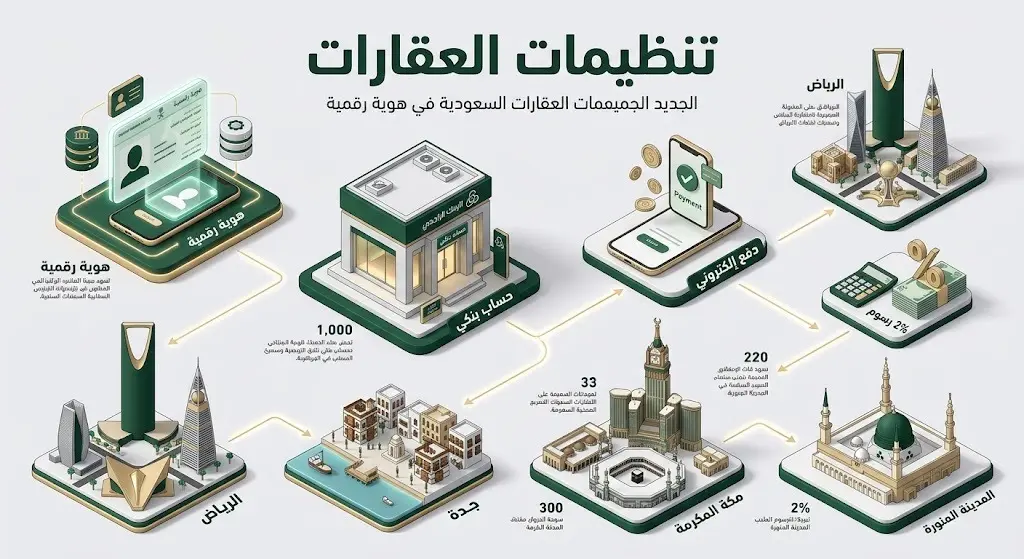 إنفوجرافيك يوضح التنظيمات والرسوم المالية الجديدة لتملك الأجانب للعقارات في السعودية، إلى جانب الشروط التقنية.