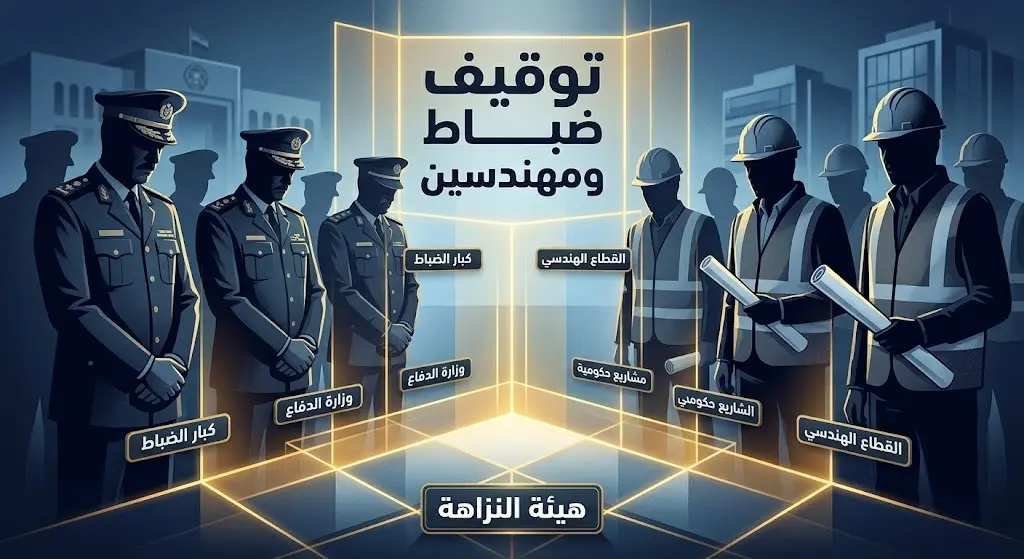تصميم غرافيكي يجسد عملية توقيف ضباط عسكريين ومهندسين من قبل هيئة النزاهة، مع إبراز نصوص عربية توضيحية.