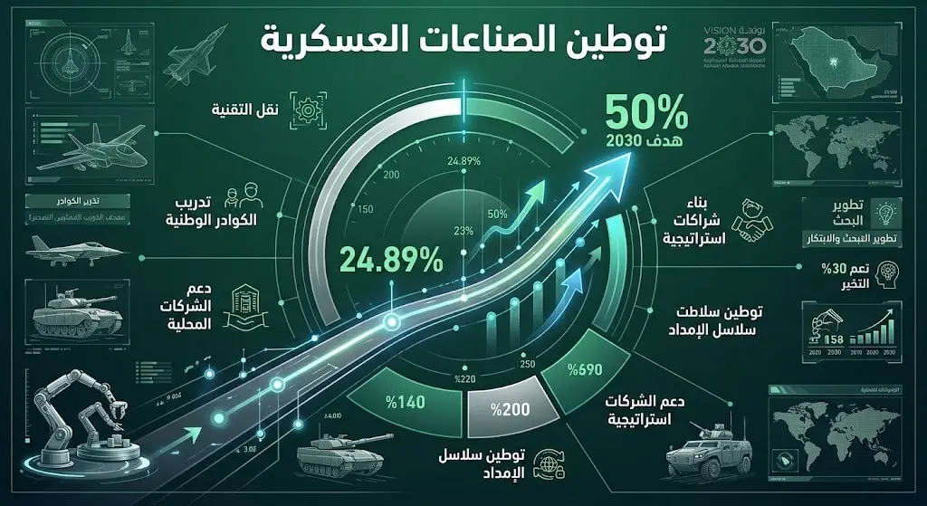رسم بياني متطور يوضح نسبة توطين الصناعات العسكرية الحالية 24.89% والمستهدف وصولها إلى 50% بحلول عام 2030.