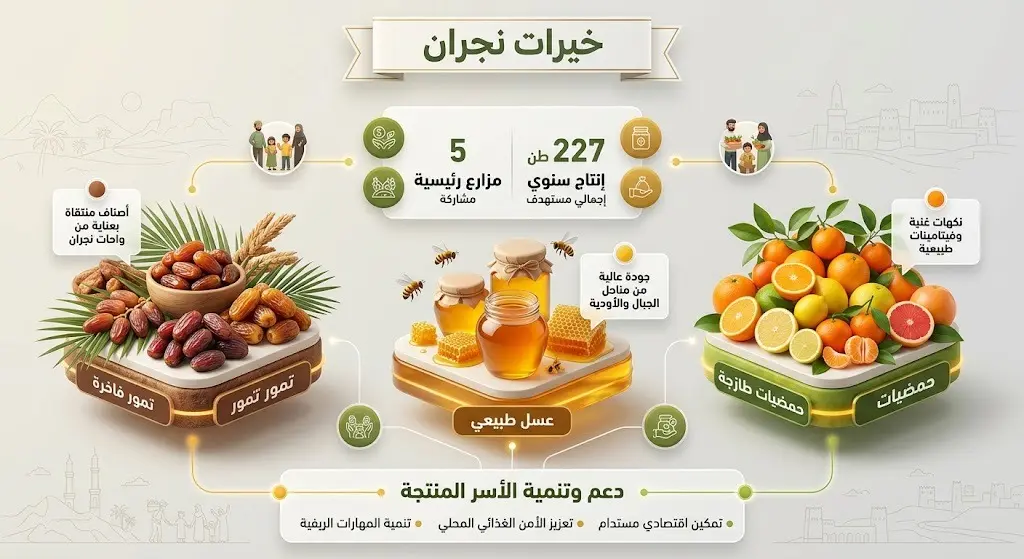لوحة معلومات بصرية تعرض تنوع المنتجات الزراعية لدعم الأسر المنتجة في نجران مثل التمور والعسل والحمضيات مع إحصائيات المزارع.
