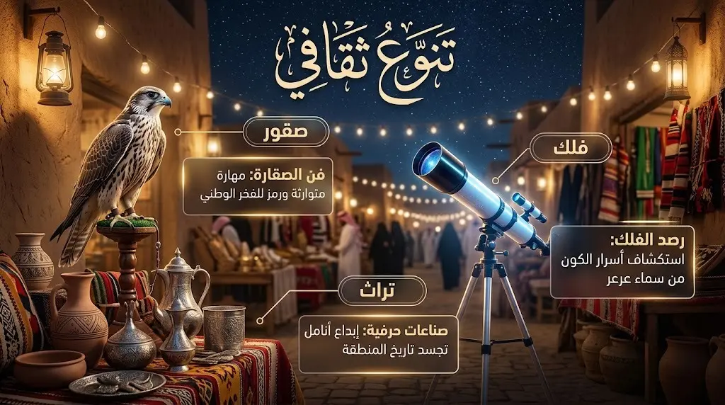 تصميم بصري يجمع بين التراث وعناصر الإنفوجرافيك، يستعرض الأنشطة المتنوعة في المهرجان مثل عروض الصقور، الحرف اليدوية، ورصد النجوم.