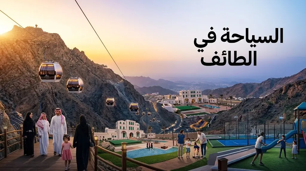 مشهد بانورامي لقرية الكر السياحية وجبال الهدا مع التلفريك وقت الغروب، يجسد تنوع الأنشطة الترفيهية في الطائف.