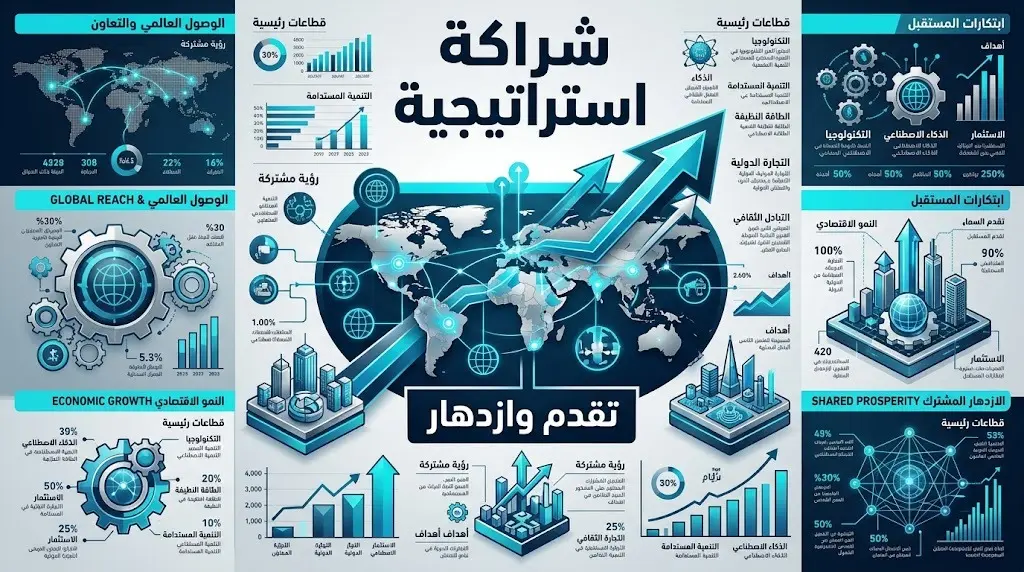 تصميم معلوماتي عصري يجسد تهنئة سمو ولي العهد والتطلعات المشتركة نحو التقدم والازدهار والشراكة الاستراتيجية بين البلدين.