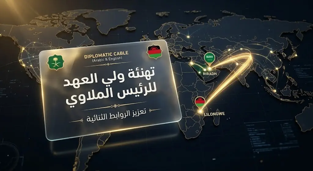 إنفوجرافيك عصري يظهر خريطة رقمية وخطوط اتصال ذهبية تحمل بطاقة زجاجية لتهنئة سمو ولي العهد للرئيس الملاوي.