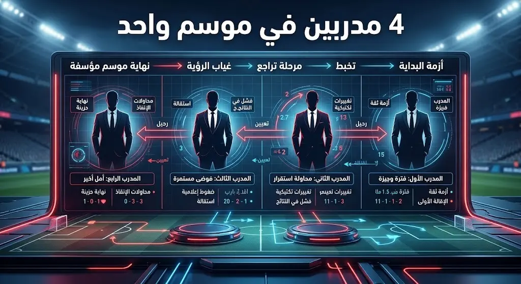 تصميم بصري يوضح تسلسل أربعة مدربين تعاقبوا على تدريب نوتنجهام فورست في موسم واحد مضطرب.