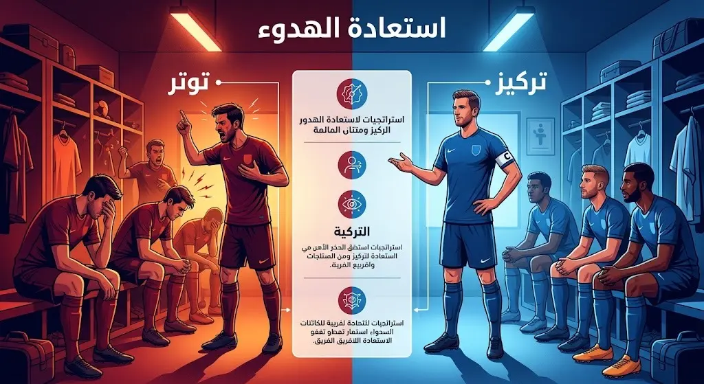 تصميم تعبيري يجسد كواليس غرفة ملابس منتخب مصر والانتقال من حالة التوتر إلى الهدوء والتركيز بفضل تدخل القائد.