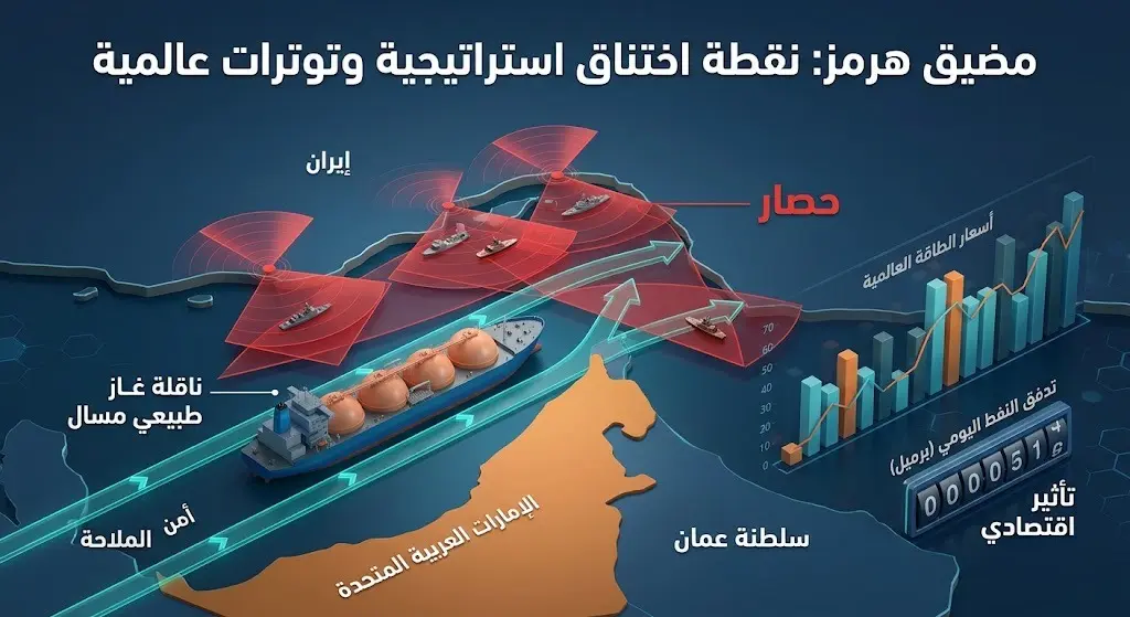 تصميم بصري يبرز الأهمية الاستراتيجية لمضيق هرمز وتأثير التوترات على خطوط الملاحة وناقلات الغاز.