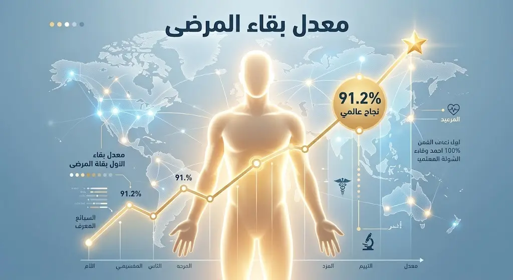 تصميم بياني يبرز ارتفاع معدل بقاء مرضى زراعة الخلايا الجذعية إلى 91.2% مع خلفية تمثل التوثيق الطبي العالمي.