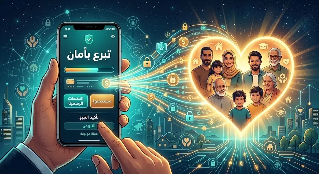 تصميم تعبيري يظهر استخدام هاتف ذكي للتبرع الرقمي عبر المنصات الرسمية المعتمدة