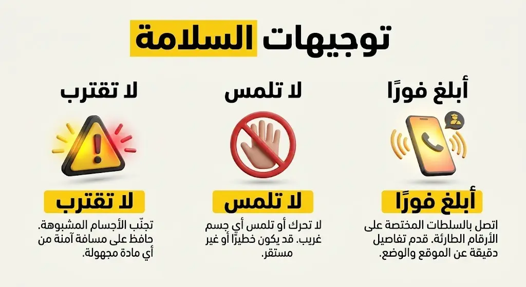 تصميم إرشادي يتضمن تعليمات السلامة للتعامل مع مخلفات الهجوم الجوي كعدم الاقتراب والإبلاغ الفوري.