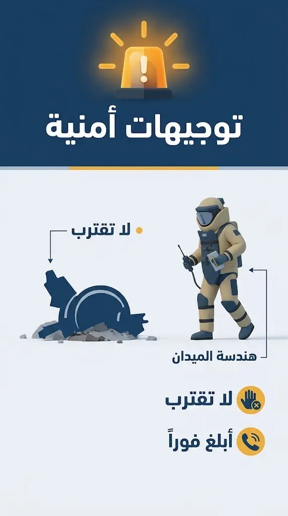 إنفوجرافيك أمني يوضح إرشادات التعامل مع مخلفات الهجمات الجوية، ويشمل التحذير من الاقتراب من الأجسام المشبوهة والتواصل الفوري مع الجهات المختصة.