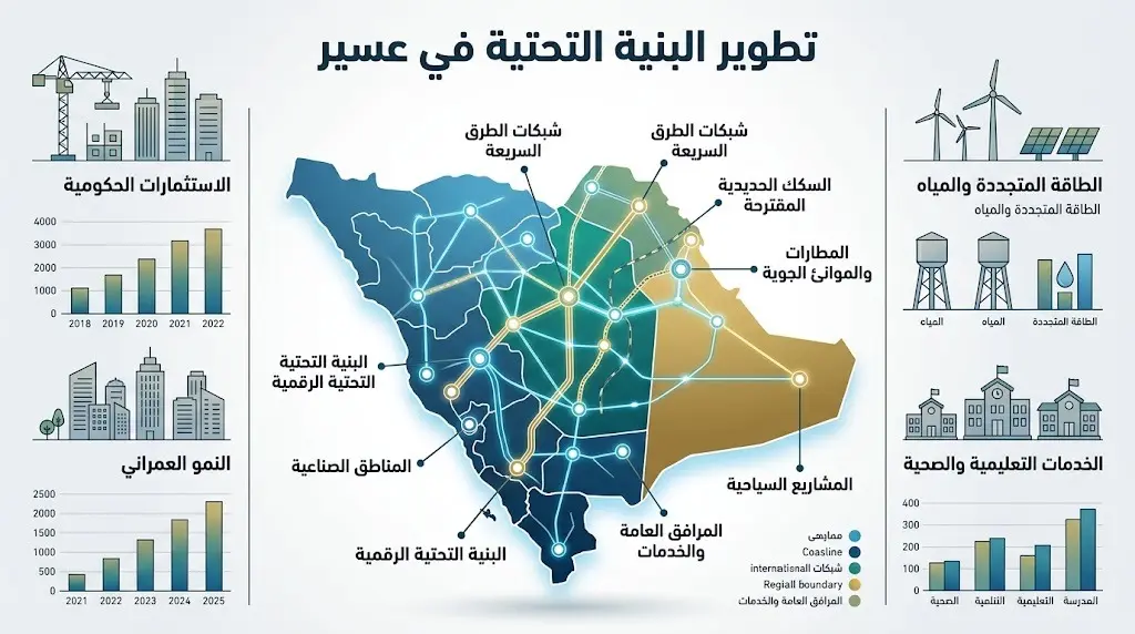 مخطط إنفوجرافيك إبداعي يستعرض شبكة تطوير البنية التحتية والمرافق العامة الجاري تنفيذها في منطقة عسير وفق أحدث المعايير الحضارية.