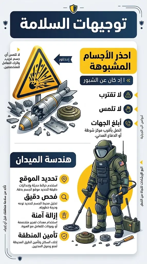 تصميم إنفوجرافيك توعوي يسلط الضوء على إرشادات السلامة وكيفية التعامل مع الأجسام المشبوهة.