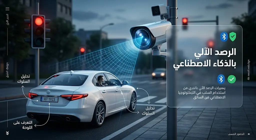 مشهد تعبيري يبرز استخدام كاميرات الرصد الآلي بالذكاء الاصطناعي لمراقبة التزام السائقين وتوثيق المخالفات.