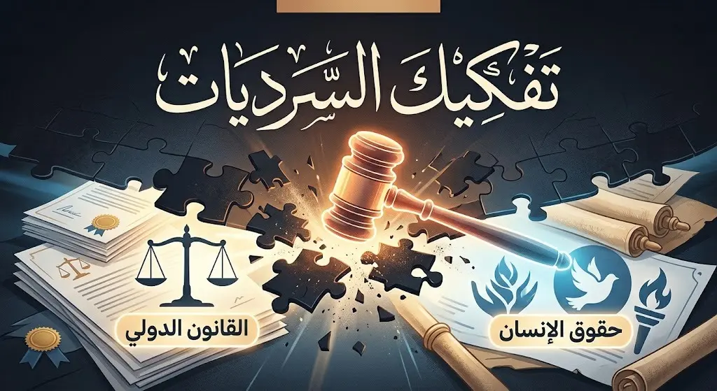 تصميم مفاهيمي يعبر عن دور الدبلوماسية في تفكيك السرديات المضللة بالاستناد إلى القانون الدولي وحقوق الإنسان.