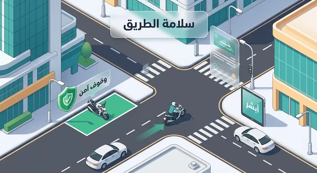 تصميم ثلاثي الأبعاد يجسد بيئة مرورية آمنة لدراجة نارية تلتزم بالمسارات المحددة وتقف في الموقف المخصص، مع إبراز الخدمات الرقمية.