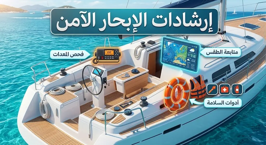 تصميم استعراضي ثلاثي الأبعاد يبرز أهم إرشادات السلامة البحرية مثل فحص معدات النجاة وأجهزة الاتصال.