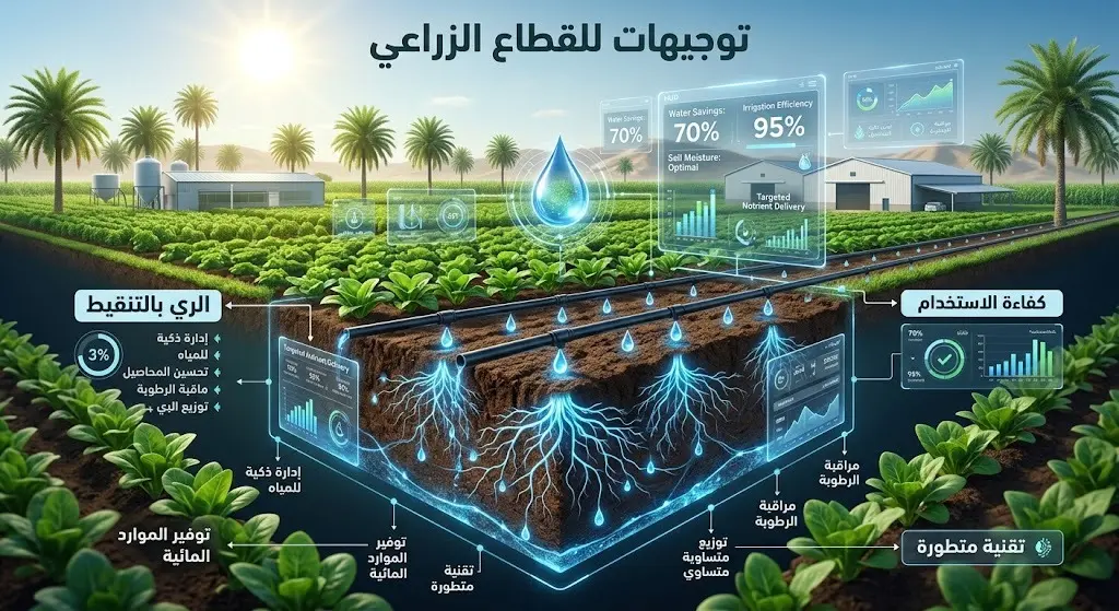 رسم ثلاثي الأبعاد وإنفوجرافيك يوضح تقنية الري بالتنقيط وكفاءة استخدام المياه في الزراعة.