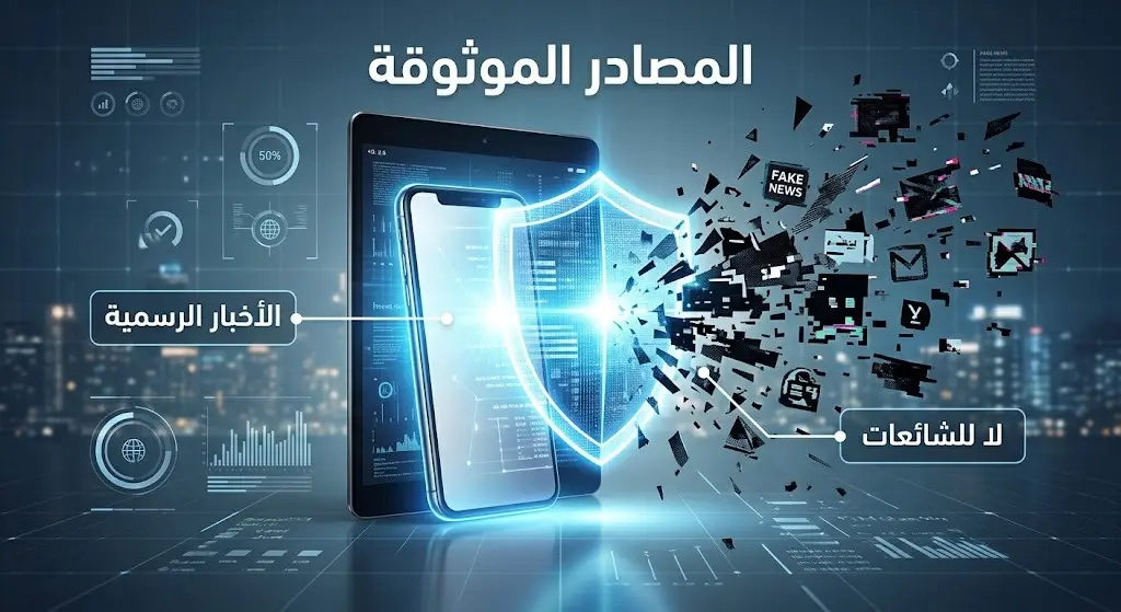 تصميم عصري يوضح أهمية استقاء المعلومات من المصادر الرسمية وتجنب الشائعات خلال الأزمات.
