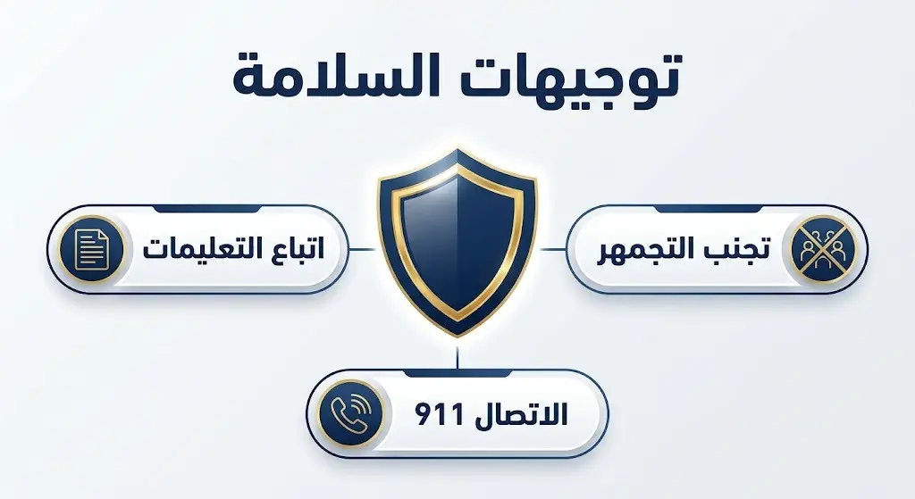 إنفوجرافيك يوضح توجيهات الدفاع المدني السعودي بعد انتهاء حالة الطوارئ، متضمناً تعليمات تجنب التجمهر والاتصال بالرقم 911.