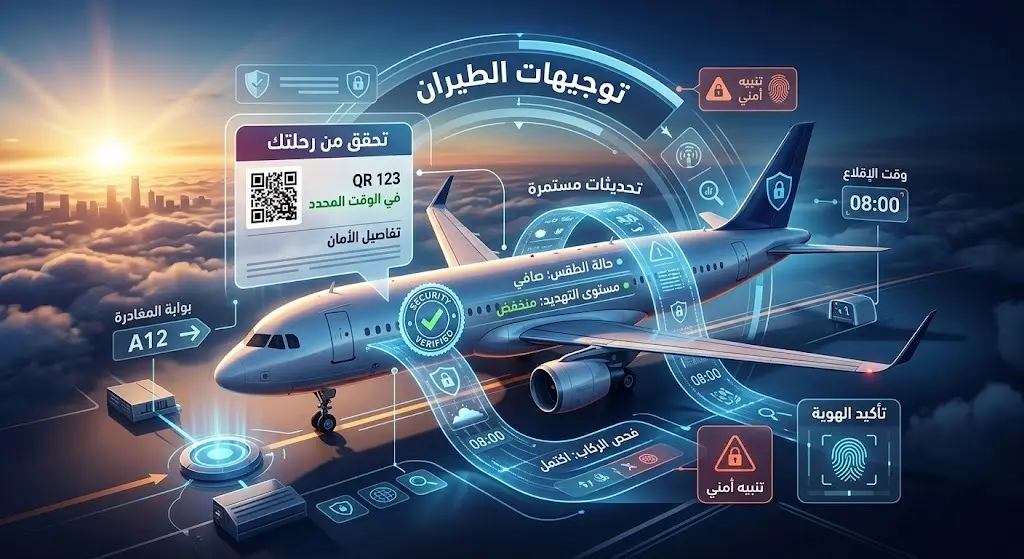 تصميم فني يدمج بين طائرة ركاب وشاشات رقمية ذكية تعرض تنبيهات وتوجيهات للمسافرين بضرورة متابعة رحلاتهم بدقة.