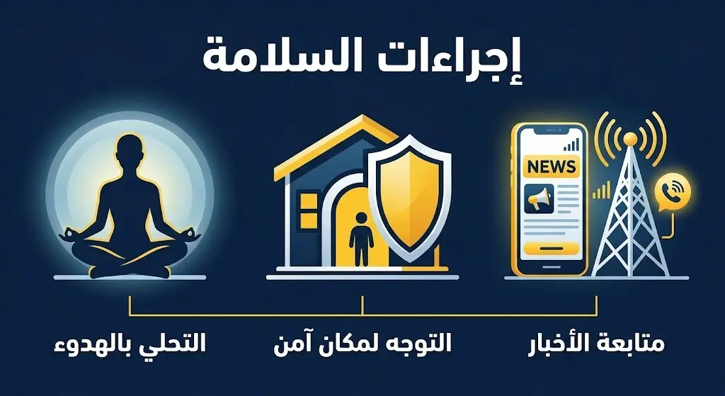 إنفوجرافيك يوضح إرشادات السلامة الثلاثة الصادرة عن وزارة الداخلية البحرينية للتعامل مع حالات الطوارئ.