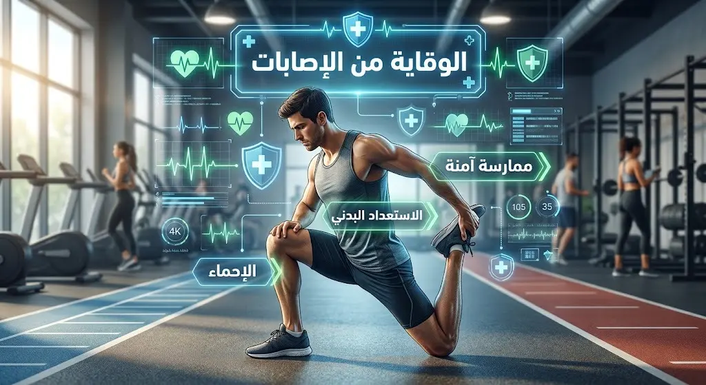 تصميم تعبيري يظهر رياضياً يمارس تمارين الإحماء محاطاً بعناصر بصرية طبية ووقائية لامعة تعبر عن إرشادات وزارة الصحة للسلامة.