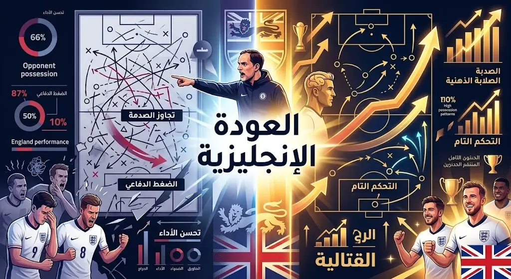 تصميم إنفوجرافيك يبرز تحول أداء المنتخب الإنجليزي وتجاوزه البداية المعقدة ذهنياً وتكتيكياً بقيادة توماس توخيل.
