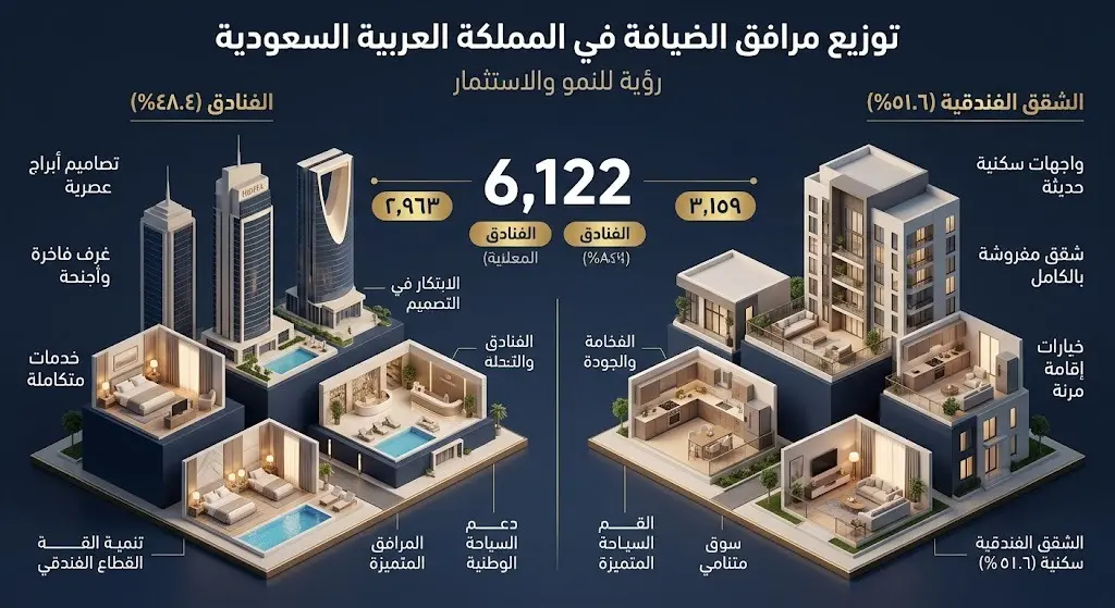 إنفوجرافيك ثلاثي الأبعاد يوضح توزيع مرافق الضيافة في السعودية بين الفنادق والشقق المخدومة بنسب مئوية.