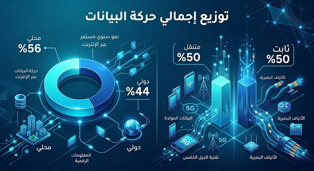 إنفوجرافيك يوضح توزيع حركة بيانات الإنترنت في السعودية، حيث تمثل البيانات المحلية 56% والدولية 44%، وتتساوى شبكات المتنقل والثابت بنسبة 50% لكل منهما.