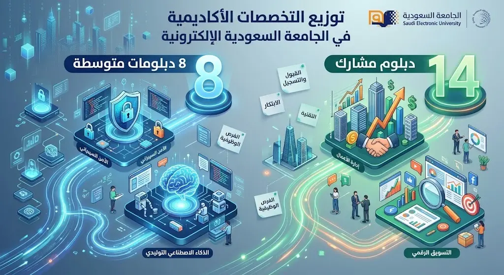 إنفوجرافيك يوضح توزيع تخصصات الدبلوم في الجامعة السعودية الإلكترونية بين 8 دبلومات متوسطة و14 دبلوم مشارك