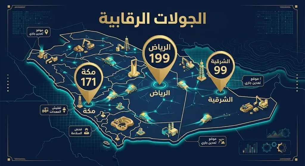 إنفوجرافيك احترافي يوضح التوزيع الجغرافي لـ 776 جولة رقابية نفذتها وزارة الصناعة والثروة المعدنية على مناطق السعودية، حيث تتصدر الرياض ثم مكة المكرمة فالمنطقة الشرقية.