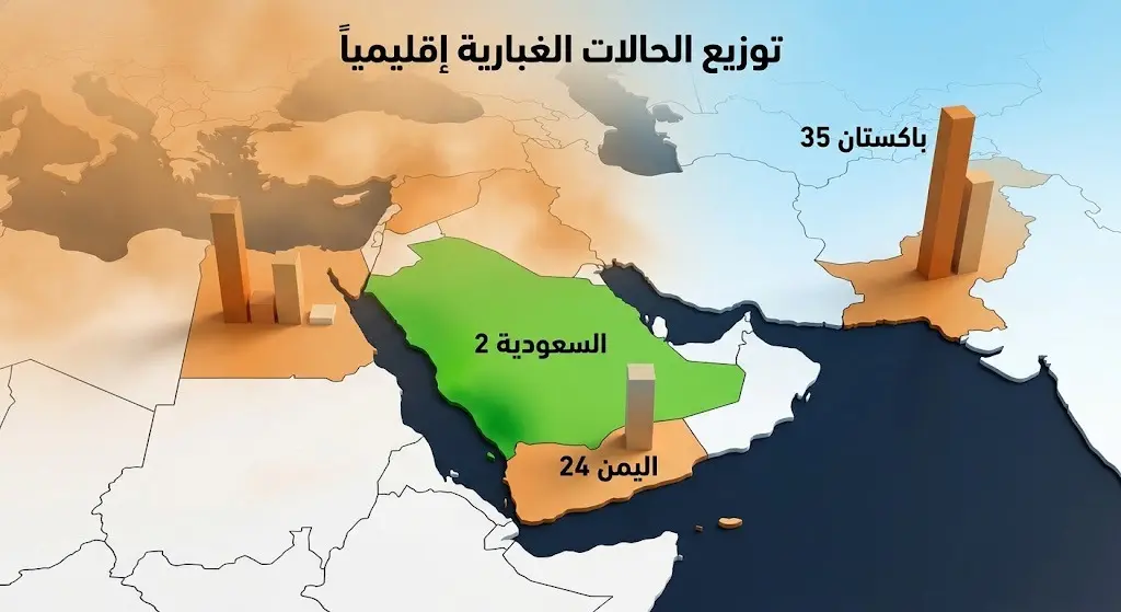 إنفوجرافيك بياني يوضح توزيع الساعات الغبارية إقليمياً، حيث تتصدر باكستان واليمن الترتيب، بينما تظهر السعودية بأقل عدد من الساعات.
