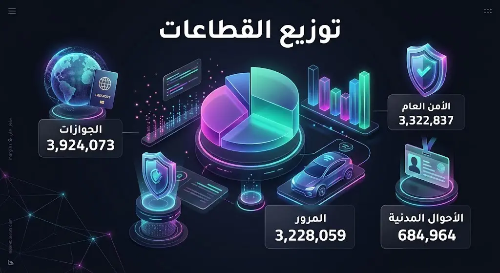 رسم بياني متطور يوضح بالأرقام توزيع ملايين العمليات الرقمية على المديرية العامة للجوازات، الأمن العام، المرور، والأحوال المدنية.