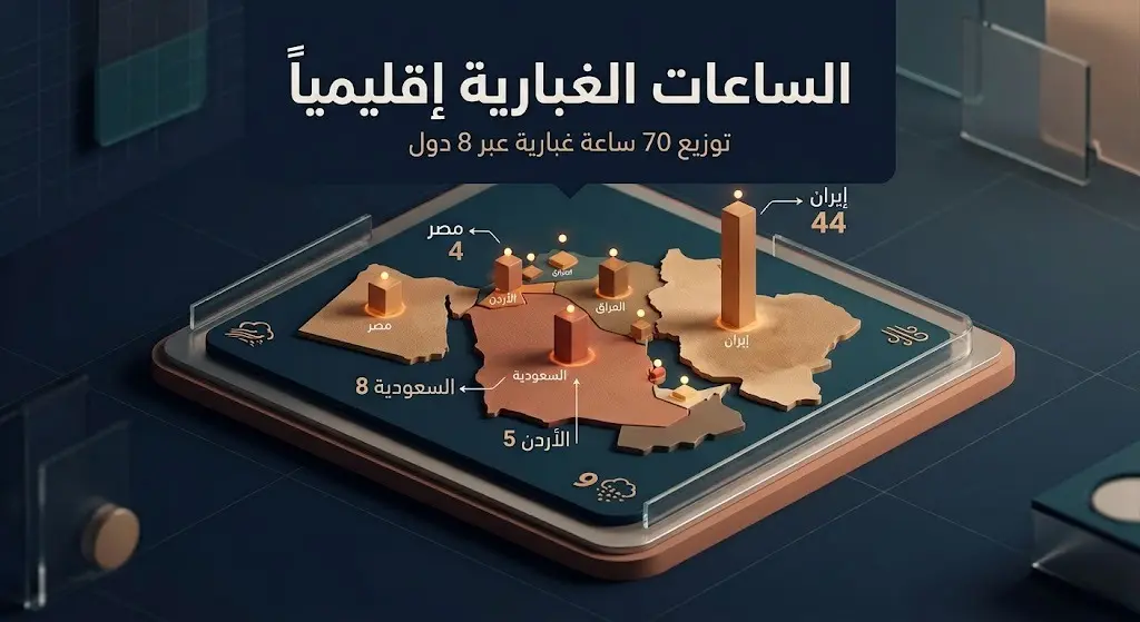 خريطة إنفوجرافيك ثلاثية الأبعاد توضح توزيع 70 ساعة غبارية على 8 دول إقليمية، تتصدرها إيران بـ 44 ساعة والسعودية بـ 8 ساعات.