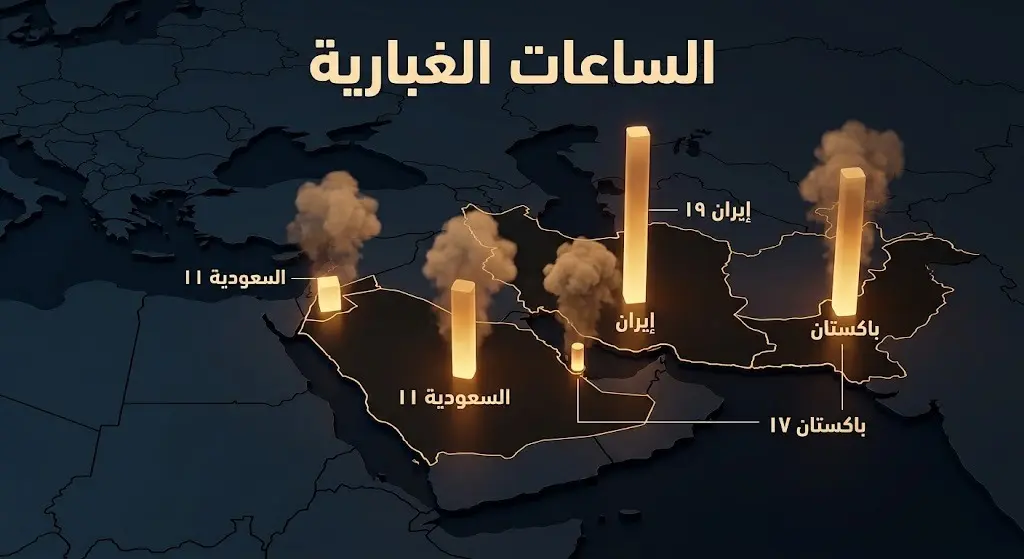 إنفوجرافيك ثلاثي الأبعاد يوضح توزيع الساعات الغبارية في دول الإقليم وتصدر إيران وباكستان تليها السعودية.