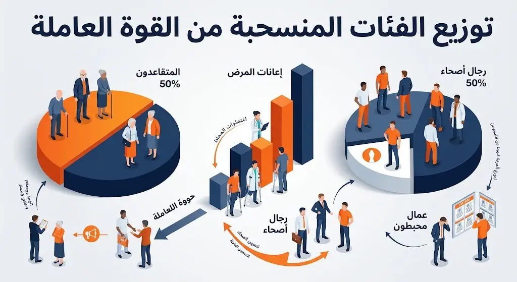إنفوجرافيك احترافي يوضح التوزيع الديموغرافي والأرقام للفئات المنسحبة من القوة العاملة في أمريكا، متضمناً المتقاعدين والعمال المحبطين.
