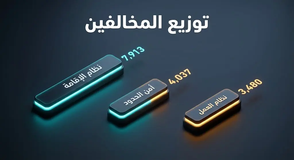 رسم بياني إنفوجرافيك يوضح بالأرقام توزيع المخالفين المضبوطين حسب أنظمة الإقامة، أمن الحدود، والعمل.